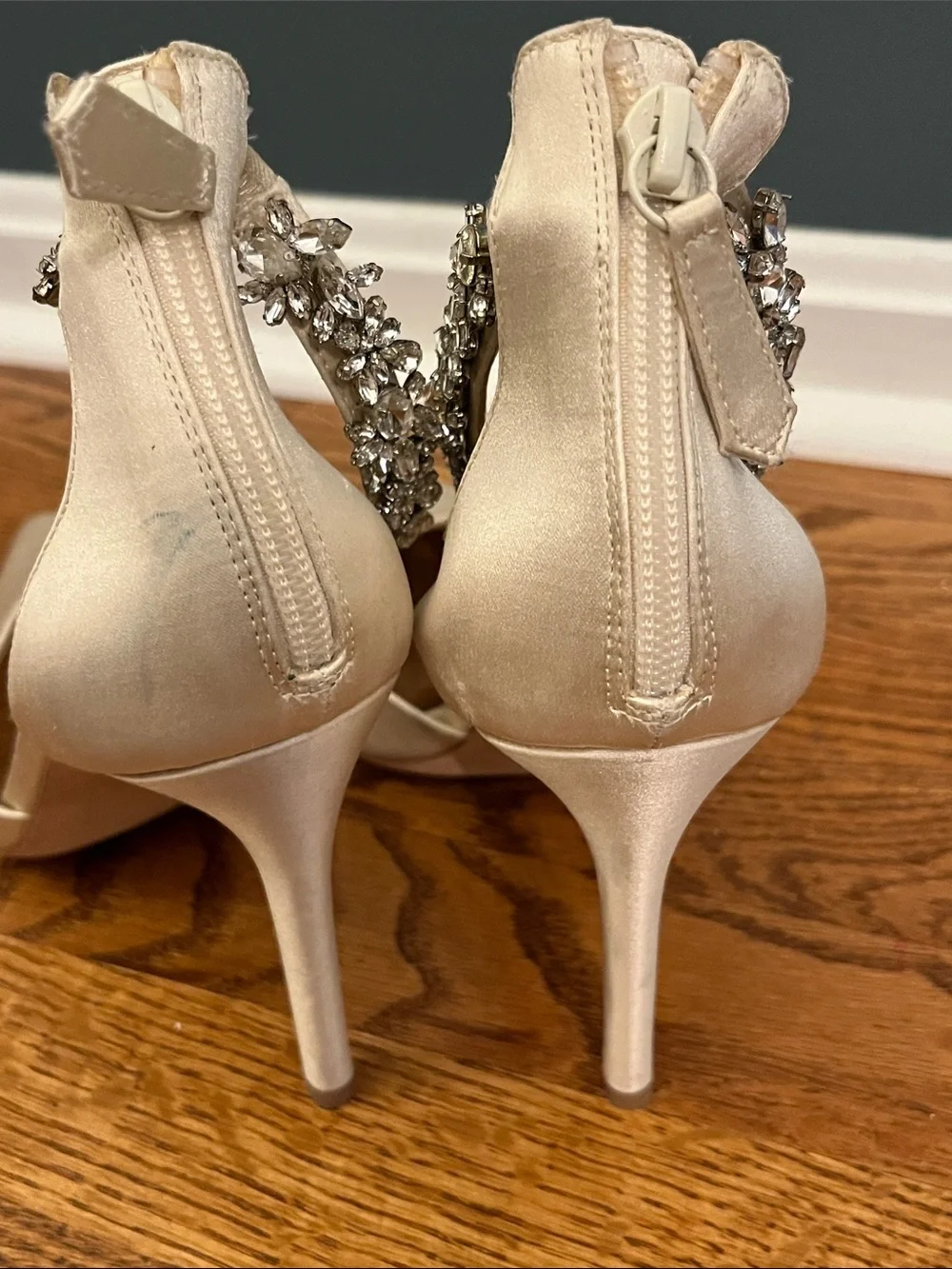 Badgley Mischka Champagne Satin Pointed-Toe Crystal Ankle-Strap Heels